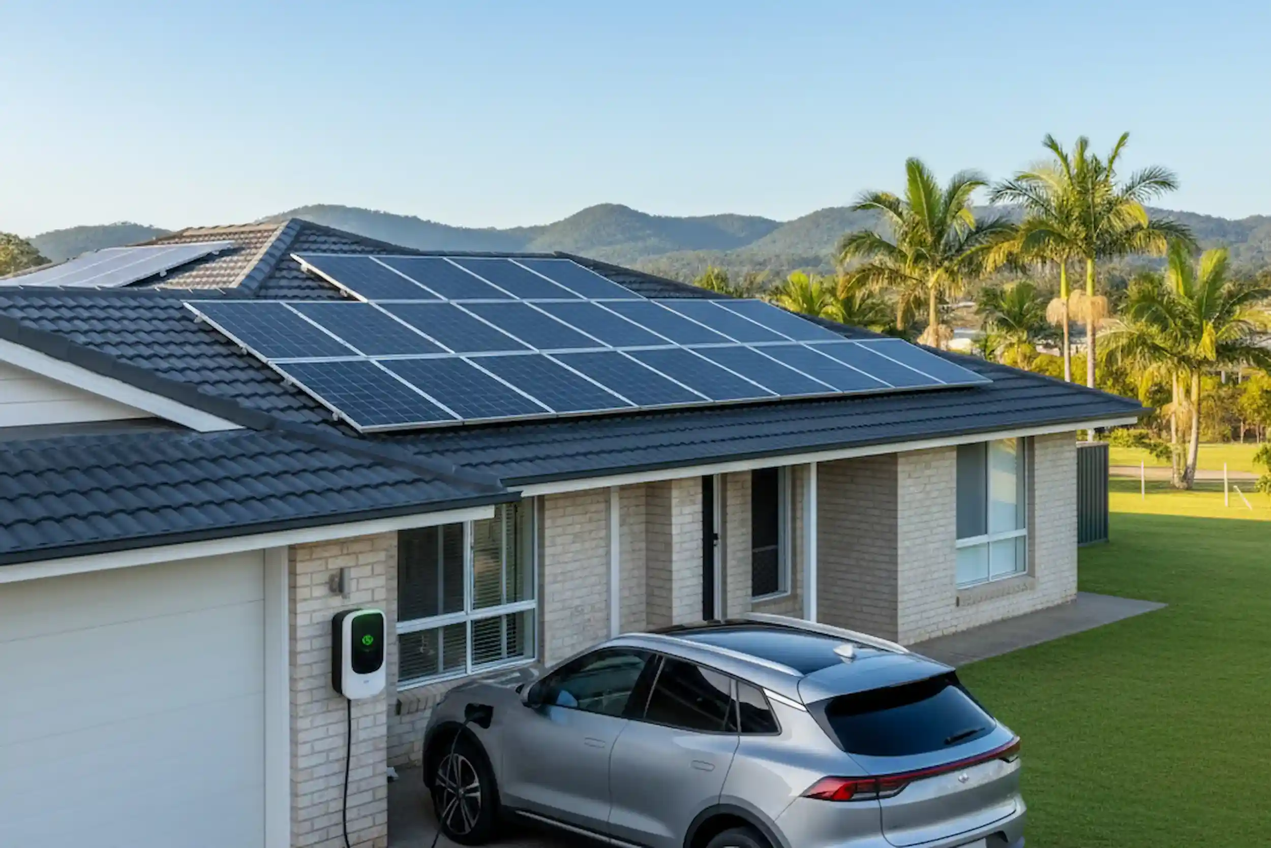 Modern EV charging station installed at a Rockhampton home with solar panels on the roof.