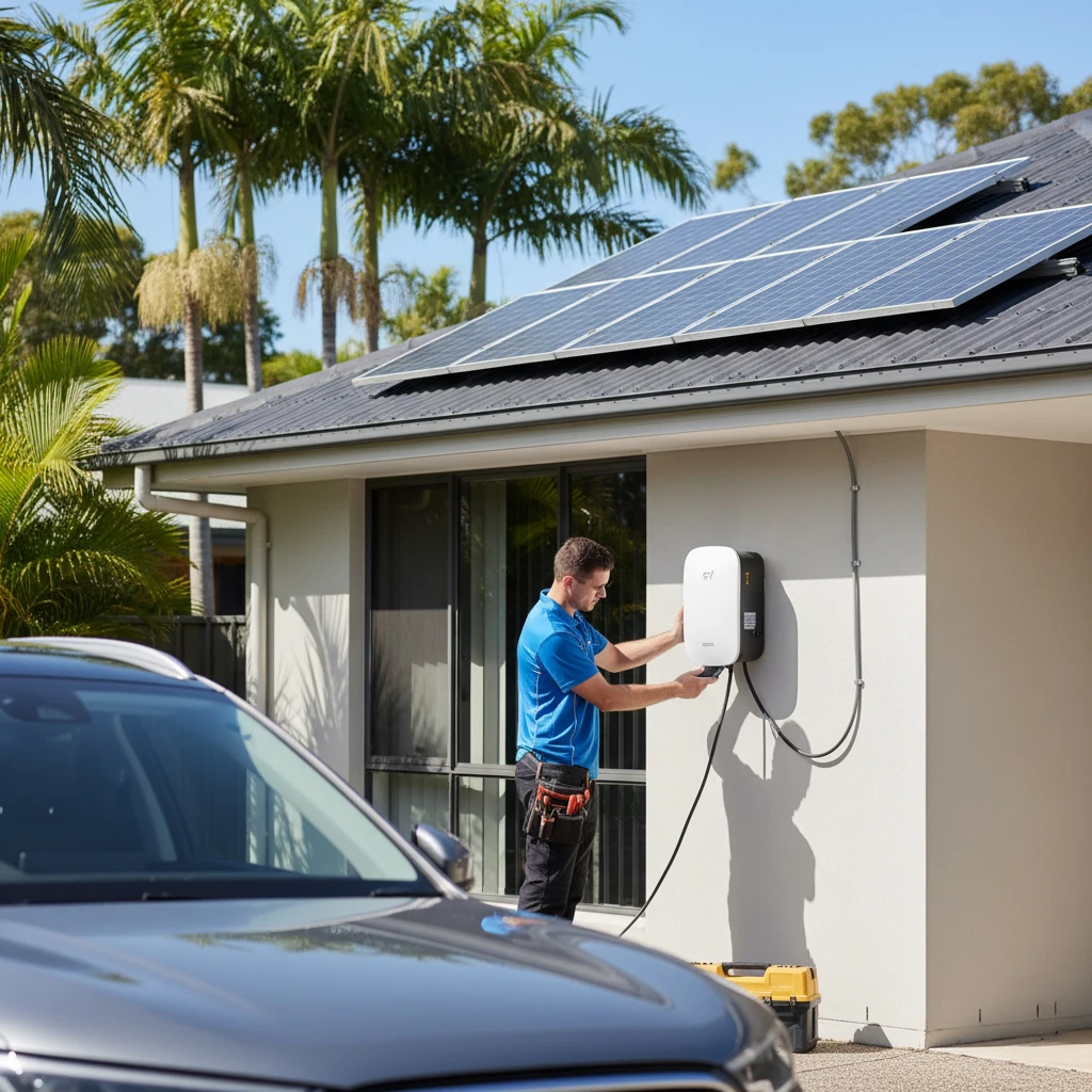 Technician installing an EV charger at a residential Rockhampton home with solar panels on the roof.