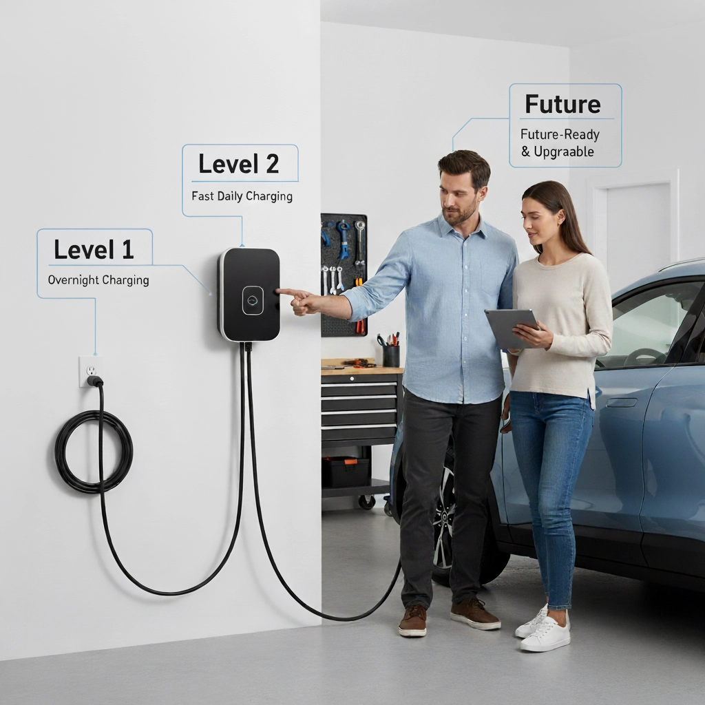 Couple reviewing a Level 1 and Level 2 EV charger setup in a Rockhampton garage with future-ready upgrade options displayed.