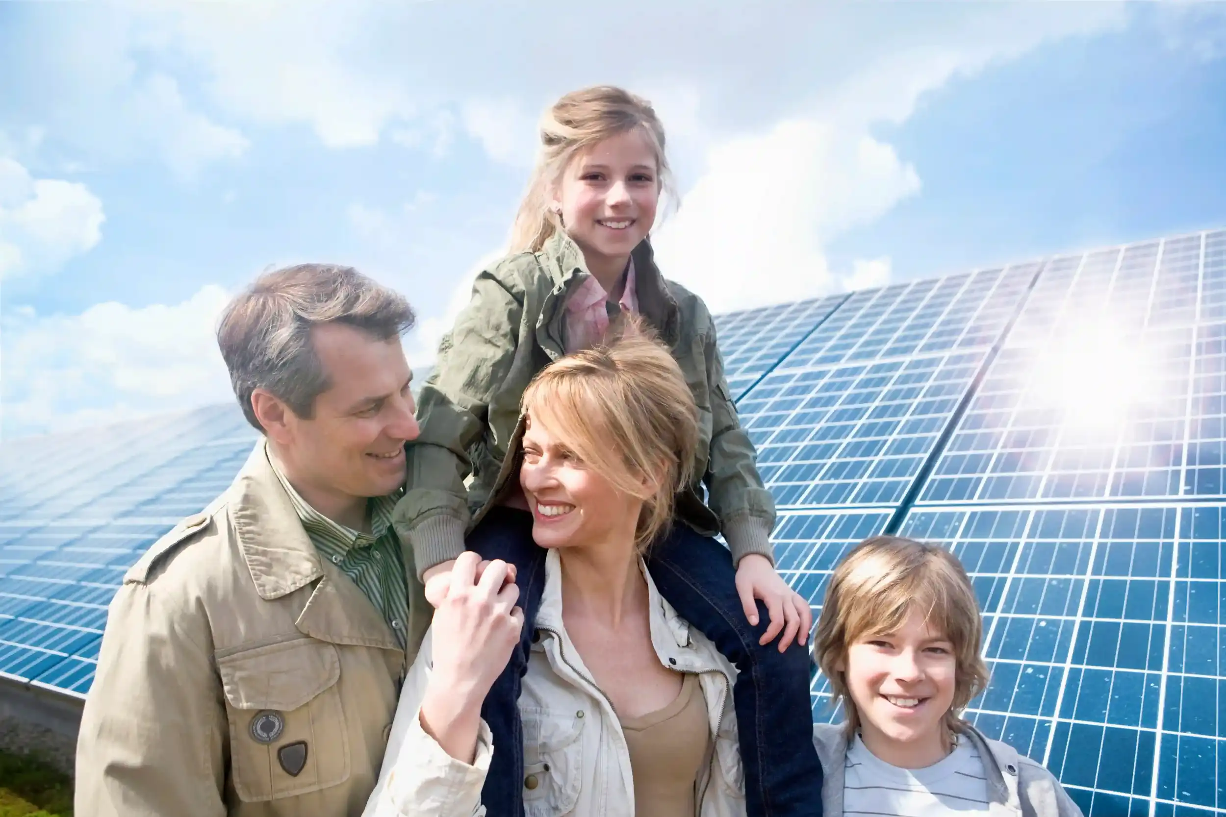 Happy family standing in front of a large solar panel array at their Rockhampton home.