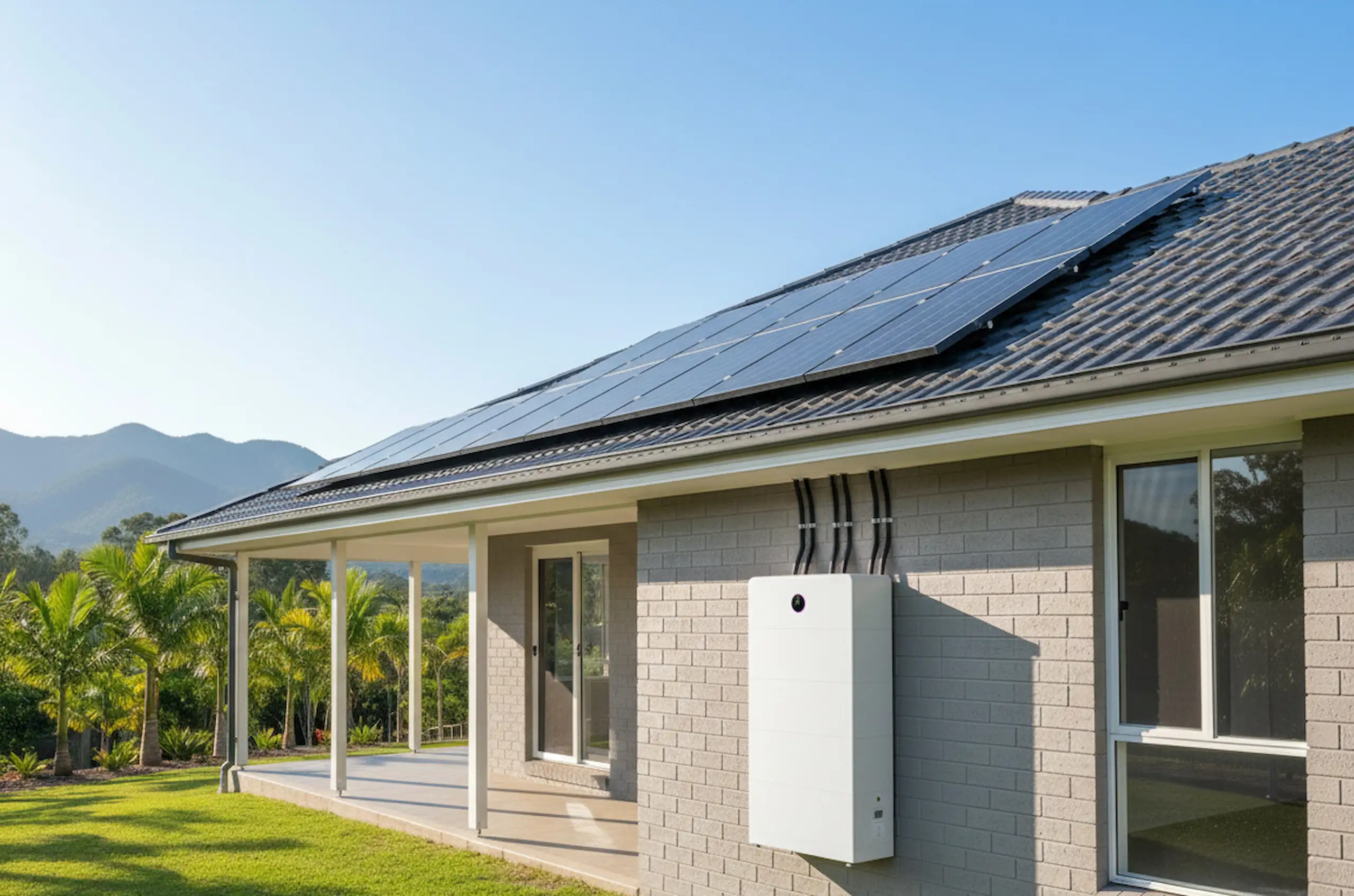 Solar battery system installed on a Rockhampton home alongside rooftop solar panels.Solar battery system installed on a Rockhampton home alongside rooftop solar panels.