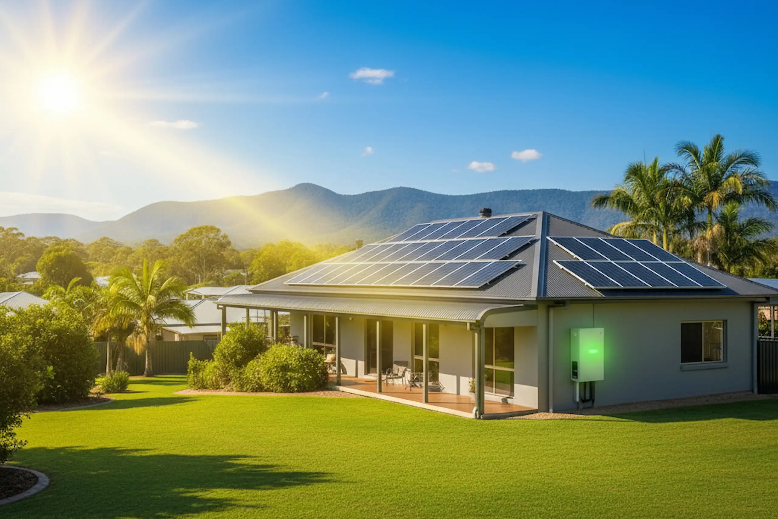 Modern home in Rockhampton with rooftop solar panels and a solar battery system installed.