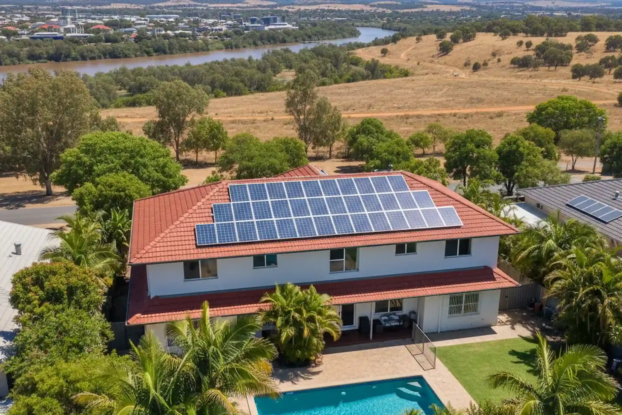 Residential home in Rockhampton with solar panels installed on the rooftop.