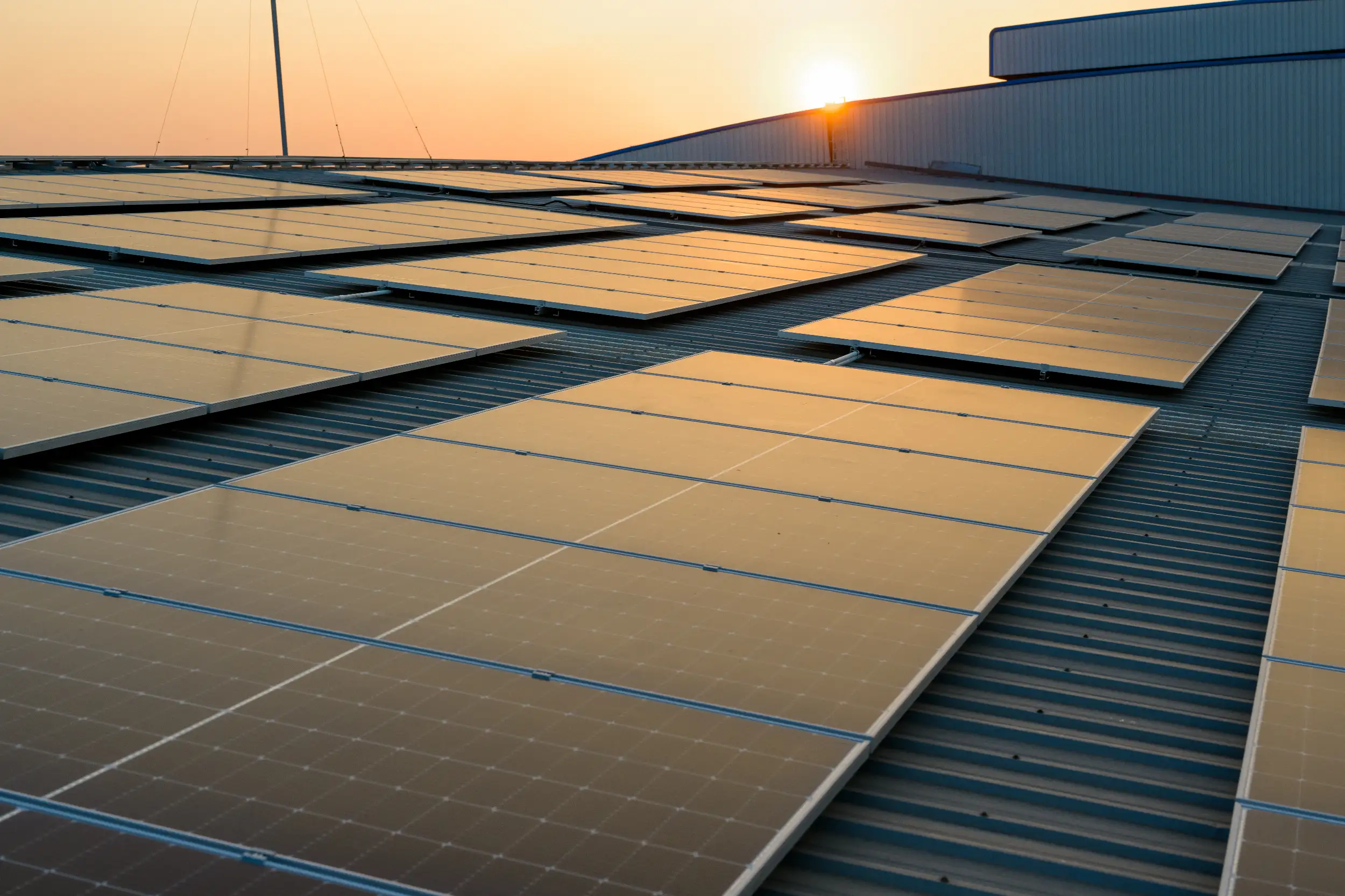 Wide commercial rooftop solar array capturing evening sunlight during a large-scale renewable energy installation in Stanwell.