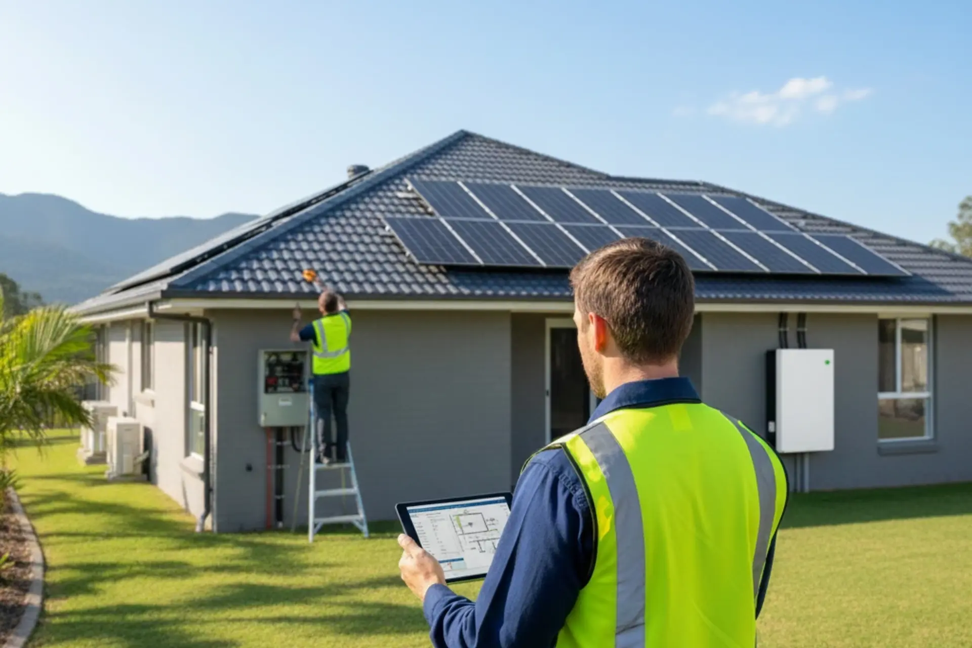 Technicians inspecting a home solar battery and panel system in Queensland