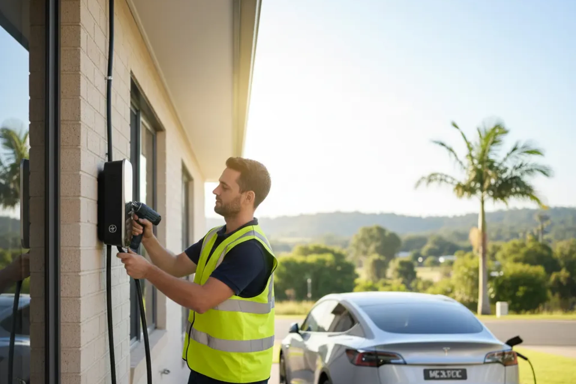 Technician installing an EV charger at a home in Queensland for EV Charger Setup for Homes & Businesses